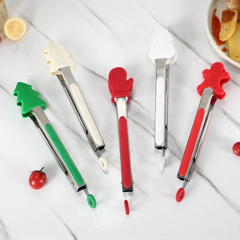 Christmas Food Tongs Kitchen Tongs Stainless Steel Food Clip With Silicone Tips for Cooking Non-Stick Heat Resistant BBQ Grill